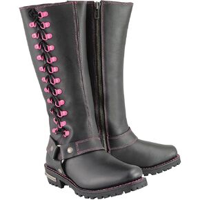 Milwaukee Leather MBL9367 Women's Black 14-inch Leather Harness Motorcycle Boots with Fuchsia Accent Lacing - 11