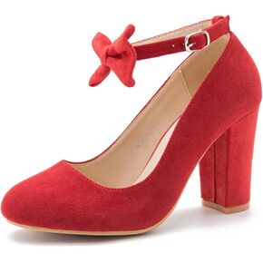 MAIERNISI JESSI Women's Bow Ankle Strap Pumps Block Heel Round Closed Toe Mary Jane Dress Shoes