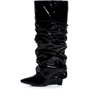 Arqa Women's Fold Over Wedge Heel Boots Slouchy Ruched Knee High Metallic Boots Wide Calf Pull-on Tall Boot