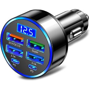 6 Ports Fast Car Charger with Voltage Monitor,Car Cigarette Lighter USB Charger (PD+QC3.0) Compatible with iphone13/14/15 & Most Android Models,Car Must Haves USB C Car Charger (1PCS)