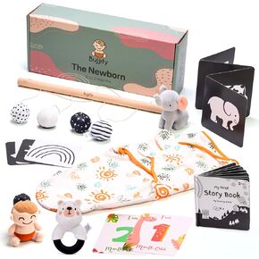 Montessori Essentials 3-4 Month Infant Toys - Tummy Time Activity Mirror, Water Mat, Sensory Wooden Rattles, Black and White Cards, OBall, Baby Body Board Book, Newborn Gifts Basket