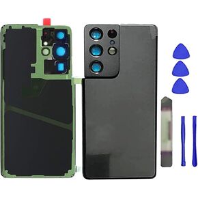 Galaxy S21 Ultra Back Glass Replacement for Samsung Galaxy S21 Ultra 5G G998U Housing Door Cover with Camera Glass Lens Pre-Install Tapes + Repair Tool Kits(Black)