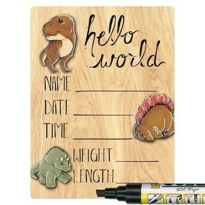 Hello World Newborn Baby Announcement Printed Wood Sign with Dinosaur Theme, 9 by 12 Inches, No Marker