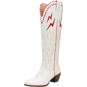 White Bone Lightning Boot for Women Pull on Knee High Cowgirl Cowboy City Boots Mid Chunky Heel Western Boots Embroidered Almond Toe Fashion Party Boots