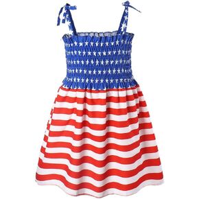 Toddler Baby Girls 4th of July Straps Dress American Flag Stars Striped Sundress Independence Day Patriotic Outfits