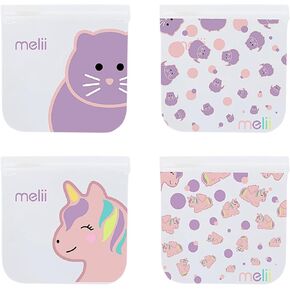 melii Reusable Sandwich & Snack Bags for Kids & Adults, Food Storage, Organization & Meal Prep Containers, Leakproof, BPA free, 4 Pack, 2 Panda & 2 Bear