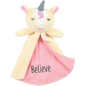 Enesco Izzy and Oliver New Baby Infant Believe Unicorn Tag-a-Long Stuffed Animal Blanket Toy, Multicolor