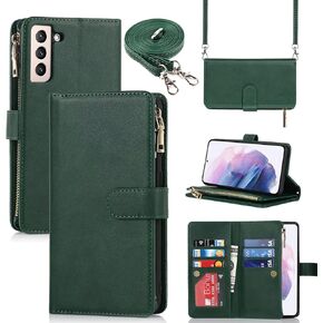 Jaorty Fit for Samsung Galaxy S21 5G Wallet Case,[9 Card Slots] Removable Adjustable Crossbody Necklace Lanyard Shoulder Strap Zipper Magnetic Leather Case for Galaxy S21 5G,6.2 inch Black