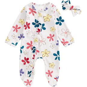 Newborn Girls Floral Long Sleeve Footie Romper One Piece Outfits Zipper Jumpsuit with Headband Waffle Fall Clothes