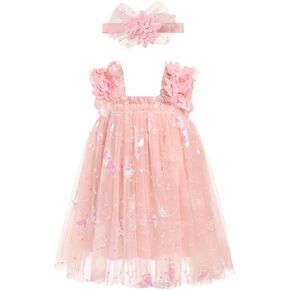 IMEKIS Toddler Baby Girl Birthday Dress with Headband Strawberry Butterfly Tulle Tutu Outfit Cake Smash Photo Shoot
