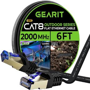 GearIT Cat 8 Outdoor Flat Ethernet Cable (6ft, Black) Direct Burial Rated LLDPE Jacket - Indoor Cat8 Shielded FTP 2000Mhz 40Gbps High Speed Gaming Computer Network RJ45 Snagless Patch Cord Internet