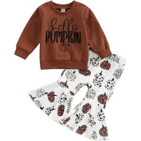 Toddler Girl Thanksgiving Outfits Hello Pumpkin Long Sleeve Sweatshirt Leopard Flare Pants Outfit Christmas Clothes