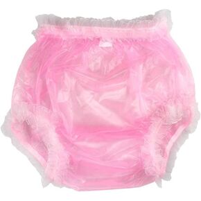 Haian Adult Incontinence Pull-on Plastic Pants Lace Panties with White Lace (X-Large, Transparent Pink)