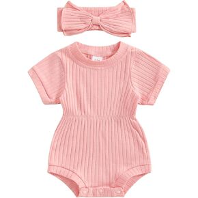 Summer Newborn Girl Outfit Baby Solid Color/Floral Short Sleeve Romper with Bow Headband Coming Home Clothes Set