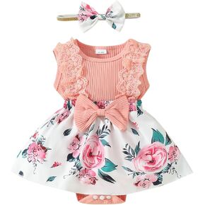 ZAXARRA Infant Baby Girl Romper Baby Ruffle Dress Romper Letter Bodysuit Spring Summer Festival Clothes with Headband