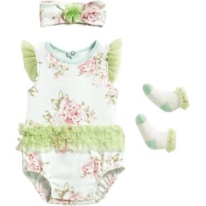 Baby Girl Bodysuits Romper with Lace Trim Super Cute One-piece Clothes with Socks and Hairbands