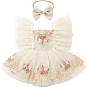 ODASDO Baby Girls First Birthday Party Dress Newborn Tulle Tutu Romper Floral Embroidery Bodysuit Cake Smash Outfit