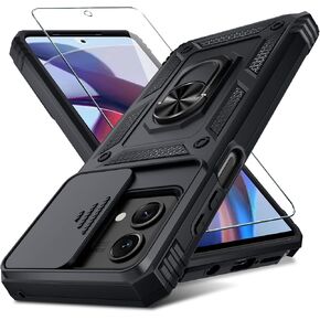 Janmitta Compatible with Moto G Stylus 5G 2023 Case Built in Slide Camera Lens Cover+Screen Protector+Finger Ring Holder Kickstand,Heavy Duty Shockproof Full Body Phone Cover,Black