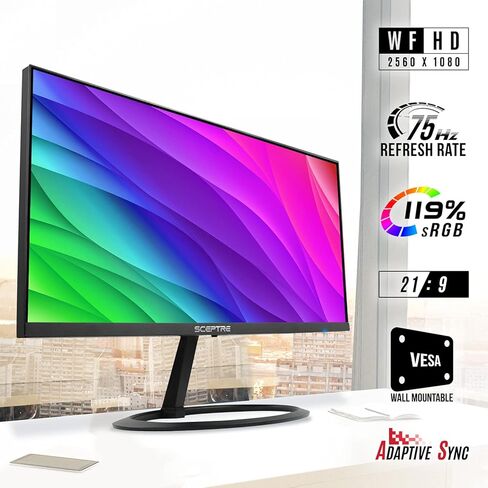 شاشة Scepter 30 فئة 29 بوصة IPS فائقة العرض 2560 × 1080 HDMI DisplayPort 119% sRGB حتى 300 مكبر صوت مدمج، أسود آلي (E300W-FUS) in Kuwait