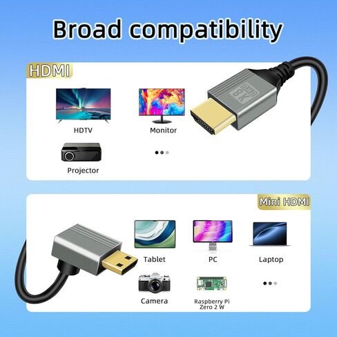 كابل محول HDMI صغير RIIEYOCA 8K إلى HDMI، زاوية 90 درجة ذكر HDMI صغير إلى ذكر HDMI 8K@60 هرتز 4K@120 هرتز 48 جيجابت في الثانية سلك HDMI 2.1 عالي السرعة، متوافق مع الكمبيوتر المحمول والتلفزيون وكاميرا الفيديو وما إلى ذلك (100 سم) in Saudi Arabia