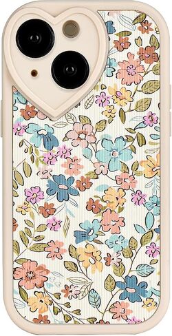 Compatible with iPhone 14 Floral Case [ Cute Heart Lens Frame ] [ Luxury Shockproof Protection ] iPhone 14 Creamy-White Case for Women Girls in Saudi Arabia