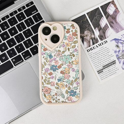 Compatible with iPhone 14 Floral Case [ Cute Heart Lens Frame ] [ Luxury Shockproof Protection ] iPhone 14 Creamy-White Case for Women Girls in Saudi Arabia