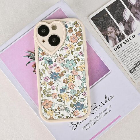 Compatible with iPhone 14 Floral Case [ Cute Heart Lens Frame ] [ Luxury Shockproof Protection ] iPhone 14 Creamy-White Case for Women Girls in Saudi Arabia