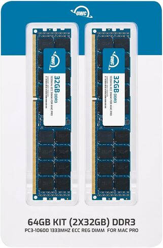 وحدة ترقية ذاكرة الوصول العشوائي OWC 64 جيجابايت (2 × 32 جيجابايت) DDR3 ECC مسجلة CL9 PC3-10600 1333 ميجاهرتز SDRAM متوافقة مع جميع موديلات Mac Pro 6,1 لعام 2013 in Saudi Arabia