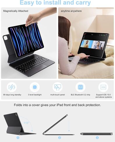 حافظة لوحة مفاتيح مغناطيسية متوافقة مع iPad Pro 11 بوصة 2022/2021/2020/2018، [تنبيه ذكي] [لوحة لمس حساسة] [حامل ناتئ عائم] غطاء حافظة لوحة مفاتيح ذكية لاسلكية سهل الضبط، أسود in Saudi Arabia