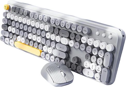 2.4G Wireless Keyboard and Mouse Combo Aesthetic Typewriter Style Membrane Silent 105-Key Full Size Colorful Retro Round Keycaps Ergonomic for Win/Mac/Office/Gaming, AA/AAA Batteries, Green in Kuwait
