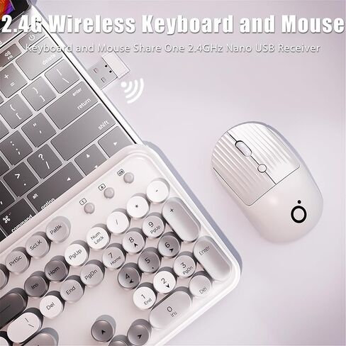 2.4G Wireless Keyboard and Mouse Combo Aesthetic Typewriter Style Membrane Silent 105-Key Full Size Colorful Retro Round Keycaps Ergonomic for Win/Mac/Office/Gaming, AA/AAA Batteries, Green in Kuwait