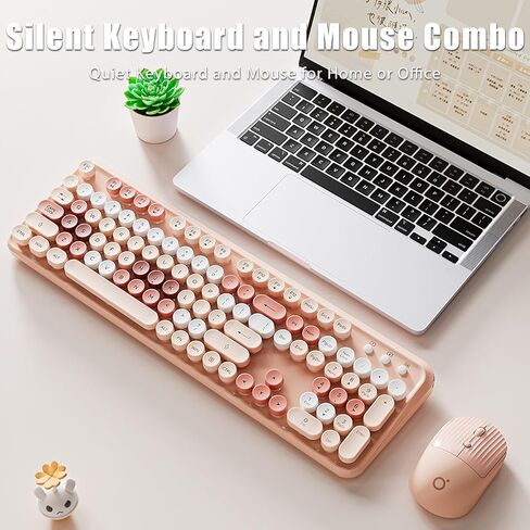 2.4G Wireless Keyboard and Mouse Combo Aesthetic Typewriter Style Membrane Silent 105-Key Full Size Colorful Retro Round Keycaps Ergonomic for Win/Mac/Office/Gaming, AA/AAA Batteries, Green in Kuwait