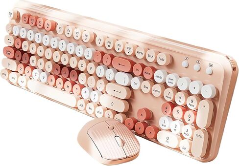 2.4G Wireless Keyboard and Mouse Combo Aesthetic Typewriter Style Membrane Silent 105-Key Full Size Colorful Retro Round Keycaps Ergonomic for Win/Mac/Office/Gaming, AA/AAA Batteries, Green in Kuwait