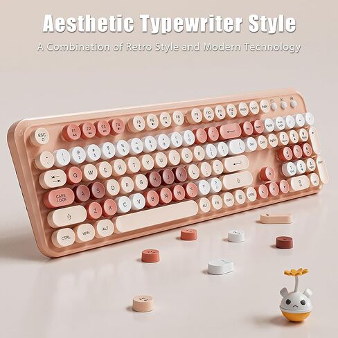 2.4G Wireless Keyboard and Mouse Combo Aesthetic Typewriter Style Membrane Silent 105-Key Full Size Colorful Retro Round Keycaps Ergonomic for Win/Mac/Office/Gaming, AA/AAA Batteries, Green in Kuwait