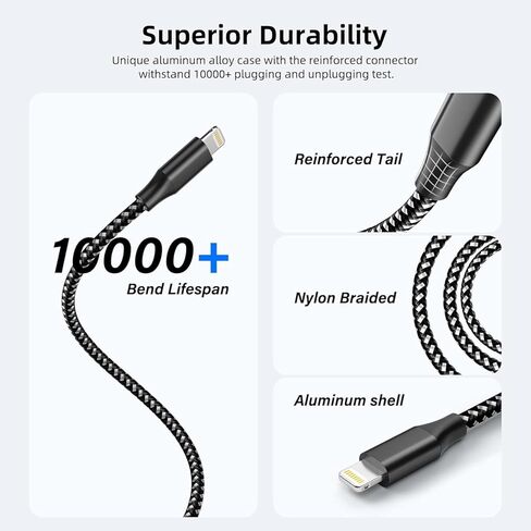 MenoSupp 3 Pack 10 FT iPhone Charger Fast Charging Cord MFi Certified Lightning Cable Nylon Braided iPhone Charger Cord Compatible with iPhone 14 13 12 11 Pro Max XR XS X 8 7 6 Plus SE and More in Kuwait