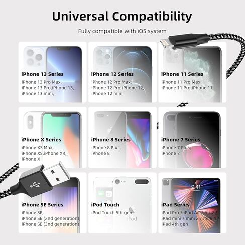 MenoSupp 3 Pack 10 FT iPhone Charger Fast Charging Cord MFi Certified Lightning Cable Nylon Braided iPhone Charger Cord Compatible with iPhone 14 13 12 11 Pro Max XR XS X 8 7 6 Plus SE and More in Kuwait