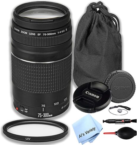 عدسة Canon EF 75-300mm f/4-5.6 III المقربة، وفلتر للأشعة فوق البنفسجية، وحقيبة العدسة، وغطاء الرأس والمزيد (9 قطع) (متجددة) in Saudi Arabia