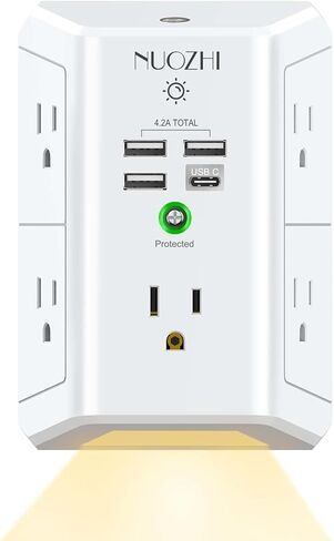 Surge Protector Power Strip, USB Wall Charger with Night Light, NUOZHI 5-Outlet Extender with 4 USB Ports(1USB C), 1680 Joules Multi Plug Outlet with Spaced Outlets for Home, Office, ETL, White in Kuwait