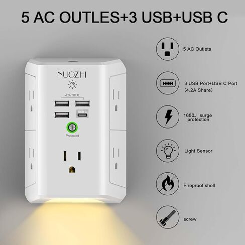 Surge Protector Power Strip, USB Wall Charger with Night Light, NUOZHI 5-Outlet Extender with 4 USB Ports(1USB C), 1680 Joules Multi Plug Outlet with Spaced Outlets for Home, Office, ETL, White in Kuwait