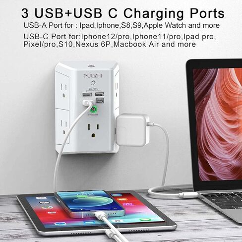 Surge Protector Power Strip, USB Wall Charger with Night Light, NUOZHI 5-Outlet Extender with 4 USB Ports(1USB C), 1680 Joules Multi Plug Outlet with Spaced Outlets for Home, Office, ETL, White in Kuwait