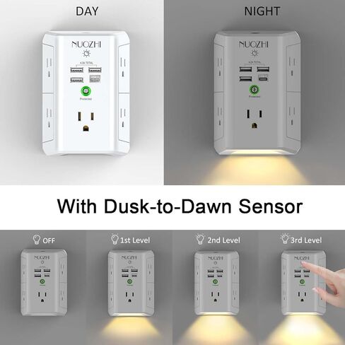 Surge Protector Power Strip, USB Wall Charger with Night Light, NUOZHI 5-Outlet Extender with 4 USB Ports(1USB C), 1680 Joules Multi Plug Outlet with Spaced Outlets for Home, Office, ETL, White in Kuwait