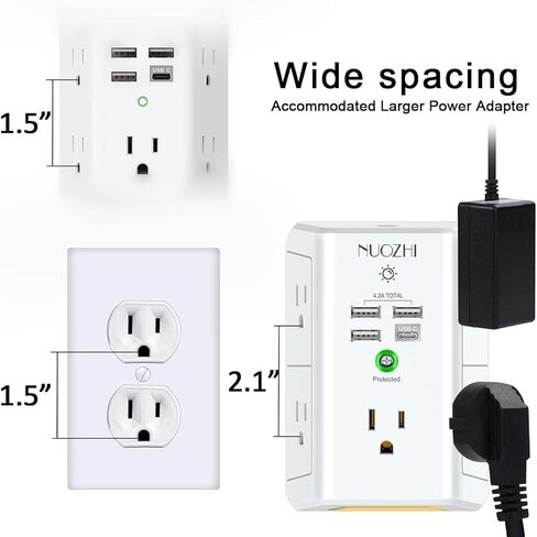 Surge Protector Power Strip, USB Wall Charger with Night Light, NUOZHI 5-Outlet Extender with 4 USB Ports(1USB C), 1680 Joules Multi Plug Outlet with Spaced Outlets for Home, Office, ETL, White in Kuwait