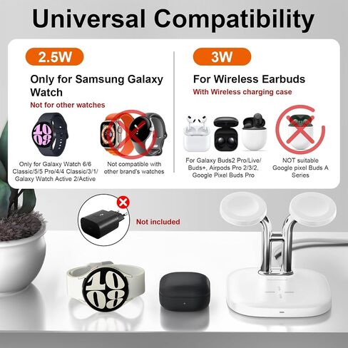 Dual Watch Charger Compatible with Samsung Watch, SwanScout 704S, 3 in 1 Wireless Charging Station for Galaxy Watch 6/6 Classic/5 Pro/5/4/3/Active 2, Galaxy Buds2 Pro, Double Watch Charger in Kuwait