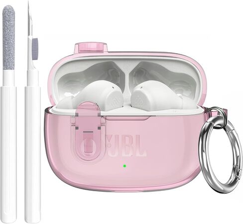 Compatible with JBL Vibe 200TWS/JBL Vibe Beam Case Cover Clear Lock Clip with Cleaner Kit, Transparent TPU Protective Case Cover Men Women with Carabiner for JBL Vibe Beam Charging Case - Clear in Kuwait