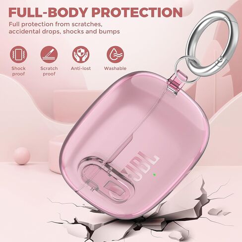 Compatible with JBL Vibe 200TWS/JBL Vibe Beam Case Cover Clear Lock Clip with Cleaner Kit, Transparent TPU Protective Case Cover Men Women with Carabiner for JBL Vibe Beam Charging Case - Clear in Kuwait