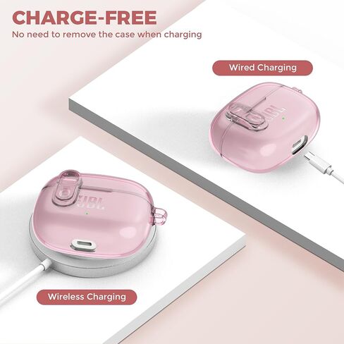 Compatible with JBL Vibe 200TWS/JBL Vibe Beam Case Cover Clear Lock Clip with Cleaner Kit, Transparent TPU Protective Case Cover Men Women with Carabiner for JBL Vibe Beam Charging Case - Clear in Kuwait