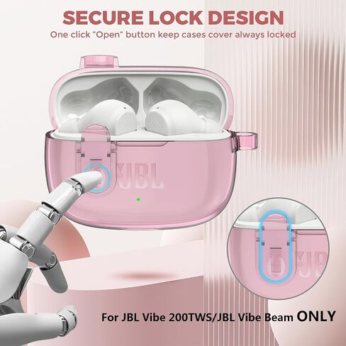 Compatible with JBL Vibe 200TWS/JBL Vibe Beam Case Cover Clear Lock Clip with Cleaner Kit, Transparent TPU Protective Case Cover Men Women with Carabiner for JBL Vibe Beam Charging Case - Clear in Kuwait