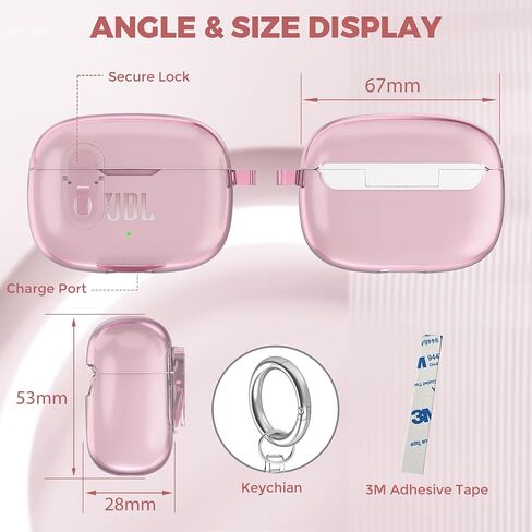 Compatible with JBL Vibe 200TWS/JBL Vibe Beam Case Cover Clear Lock Clip with Cleaner Kit, Transparent TPU Protective Case Cover Men Women with Carabiner for JBL Vibe Beam Charging Case - Clear in Kuwait