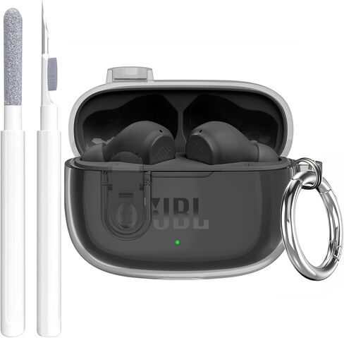 Compatible with JBL Vibe 200TWS/JBL Vibe Beam Case Cover Clear Lock Clip with Cleaner Kit, Transparent TPU Protective Case Cover Men Women with Carabiner for JBL Vibe Beam Charging Case - Clear in Kuwait