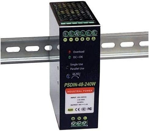 48VDC 240W DIN مزود طاقة صناعي مثبت على السكك الحديدية، إدخال 90 إلى 264VAC، إخراج 48V 5A، نطاق درجة حرارة التشغيل من 40C إلى +70C، خرج قابل للتعديل، إنذار DC للاتصال الجاف، يدعم العمليات المتوازية، توصيل سلكي in Kuwait